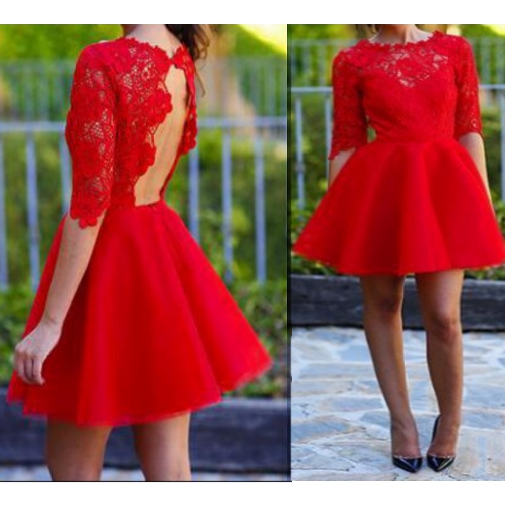 Red Ruby Half Sleeve Backless Scallop With Lace